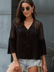 Camisa holgada con estampado de encaje y cuello en V para mujer, moderna, de manga larga y crochet