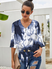 Lockeres Oberteil mit V-Ausschnitt, langen Ärmeln und Knopfleiste