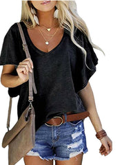 Camiseta de manga corta con cuello en V holgado y mangas de hoja de loto en color liso