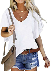 Camiseta de manga corta con cuello en V holgado y mangas de hoja de loto en color liso