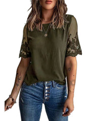 Round Neck Short Sleeve Top Lace Chiffon Shirt