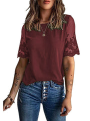 Round Neck Short Sleeve Top Lace Chiffon Shirt