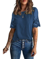 Round Neck Short Sleeve Top Lace Chiffon Shirt