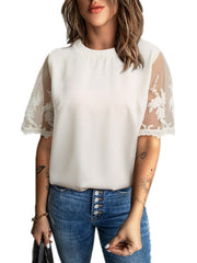 Round Neck Short Sleeve Top Lace Chiffon Shirt