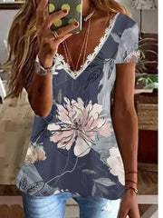 Camiseta de encaje de manga corta con cuello en V y estampado de algodón sintético brillante