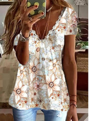 Camiseta de encaje de manga corta con cuello en V y estampado de algodón sintético brillante