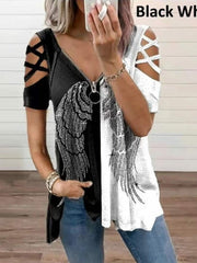 Printed Contrast Crossover Short Sleeve Zip V-Neck Women's T-Shirt