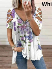 Printed Contrast Crossover Short Sleeve Zip V-Neck Women's T-Shirt