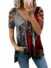 Printed Contrast Crossover Short Sleeve Zip V-Neck Women's T-Shirt