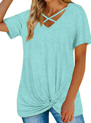 Camiseta informal de algodón de manga corta con cuello en V cruzado para mujer