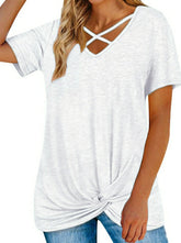 Camiseta informal de algodón de manga corta con cuello en V cruzado para mujer