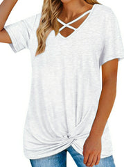 Camiseta informal de algodón de manga corta con cuello en V cruzado para mujer