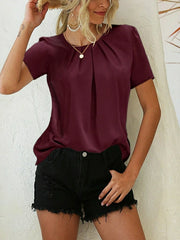 Camiseta informal holgada de manga corta con cuello redondo plisado de color liso