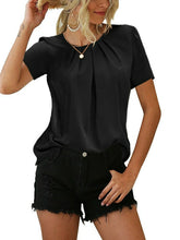 Camiseta informal holgada de manga corta con cuello redondo plisado de color liso