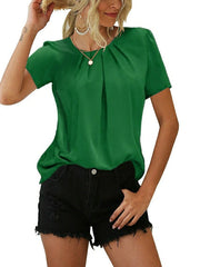 Camiseta informal holgada de manga corta con cuello redondo plisado de color liso