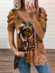 Lässiges Kurzarm-T-Shirt mit V-Ausschnitt und Cutout-Print