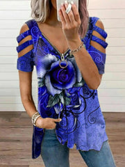 Lässiges Kurzarm-T-Shirt mit V-Ausschnitt und Cutout-Print