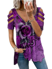 Lässiges Kurzarm-T-Shirt mit V-Ausschnitt und Cutout-Print