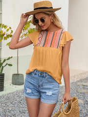 Bohemian Crew Neck Loose Ruffle Short Sleeve Top