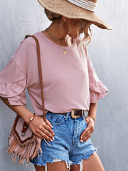 Einfarbiges Oberteil mit Rundhalsausschnitt und doppelten Rüschenärmeln