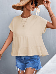 Waffel-Top mit Rundhalsausschnitt, kurzen Ärmeln und Bahnendesign