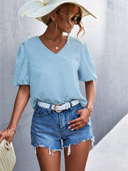 Camiseta informal de manga corta con cuello en V y estampado de lunares en jacquard