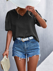 Camiseta informal de manga corta con cuello en V y estampado de lunares en jacquard