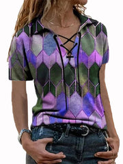 Camiseta urbana informal holgada con cuello en V y mangas cortas con cordones