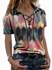 Camiseta urbana informal holgada con cuello en V y mangas cortas con cordones
