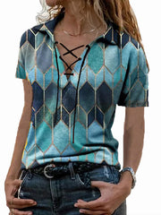 Camiseta urbana informal holgada con cuello en V y mangas cortas con cordones