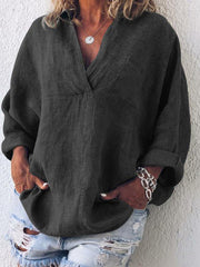 Camisa de manga larga con cuello en V para mujer