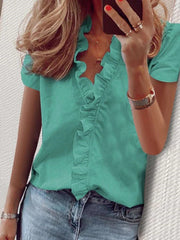Blusa de verano otoño manga corta con volantes blusa