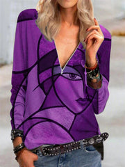 Bedrucktes Langarm-T-Shirt mit Reißverschluss und V-Ausschnitt