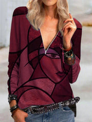 Bedrucktes Langarm-T-Shirt mit Reißverschluss und V-Ausschnitt