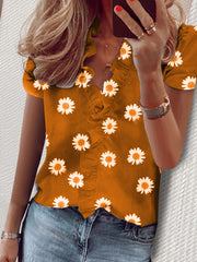 Ruffled Shirt Short Sleeve Daisy Print V-Neck Shirt