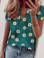 Ruffled Shirt Short Sleeve Daisy Print V-Neck Shirt