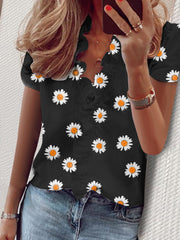 Ruffled Shirt Short Sleeve Daisy Print V-Neck Shirt
