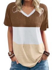 Lässiges, lockeres Kurzarm-T-Shirt mit Farbblock und V-Ausschnitt