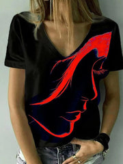 Camiseta básica de verano con cuello en V y estampado 3D de retrato abstracto para mujer