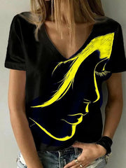 Camiseta básica de verano con cuello en V y estampado 3D de retrato abstracto para mujer
