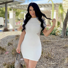 Gestreiftes Mini-Bandage-Kleid mit Rundhalsausschnitt und kurzen Ärmeln PP20004