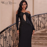 Off Shoulder Long Sleeve Rhinestone Maxi Bandage Dress PF19195