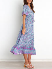 Vestido con cuello en V y botones con estampado festivo