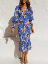 Elastic Waist Printed Ruffle Skirt Long Sleeve Dress