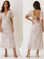 Vestido estampado de vendaje con escote en V y espalda descubierta