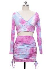 Falda de traje de manga larga con cuello en V y estampado rosa