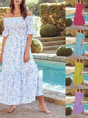 Printed Elastic Pleated Boat Neck Dress