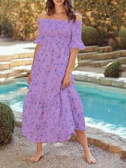 Printed Elastic Pleated Boat Neck Dress