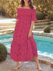 Printed Elastic Pleated Boat Neck Dress