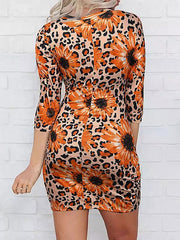 Printed Long Sleeve Round Neck Irregular Dress